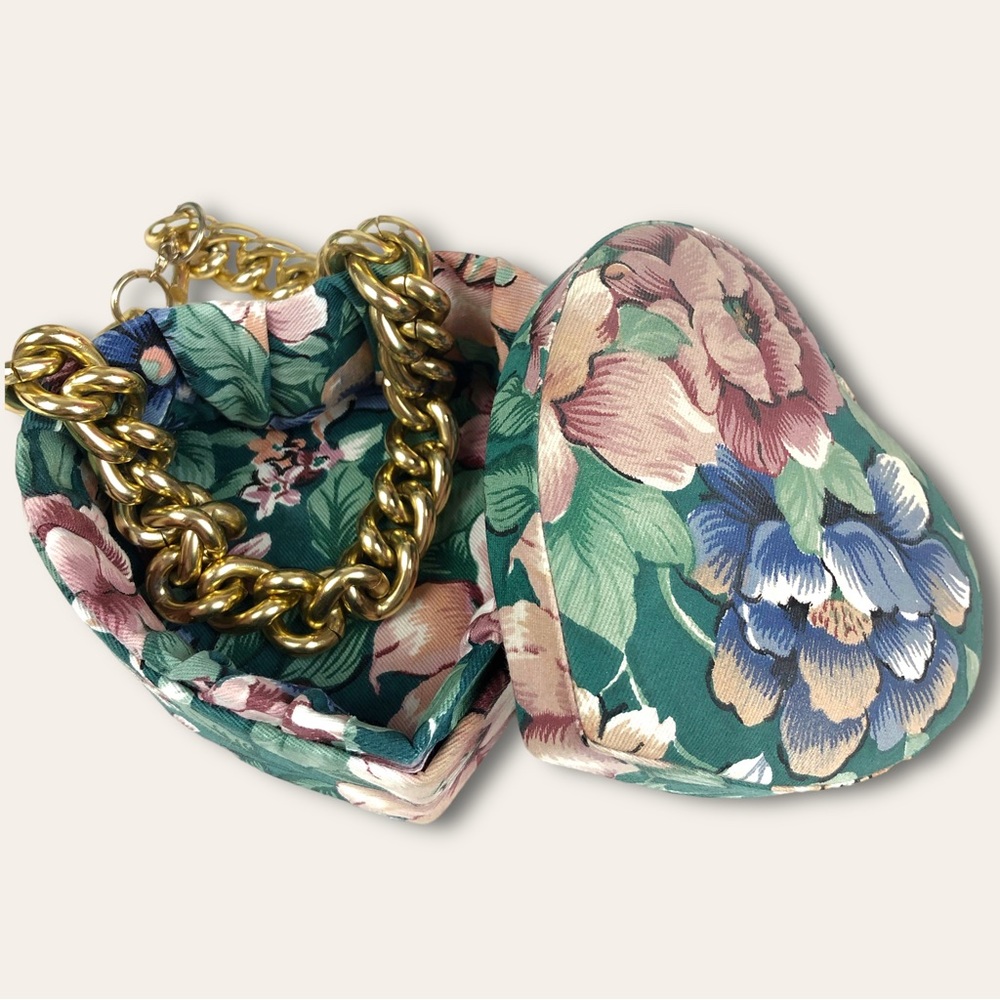 Vintage Padded Heart Floral Print Jewelry Coin Box